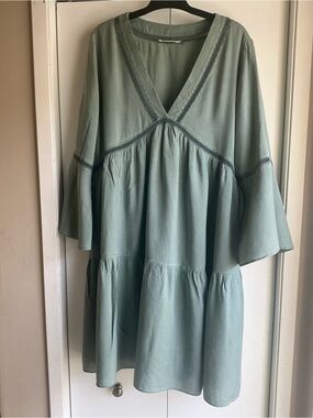 SACK’S Sage Green Ramie Viscose Blend Tiered Babydoll Boho Dress - Size M
